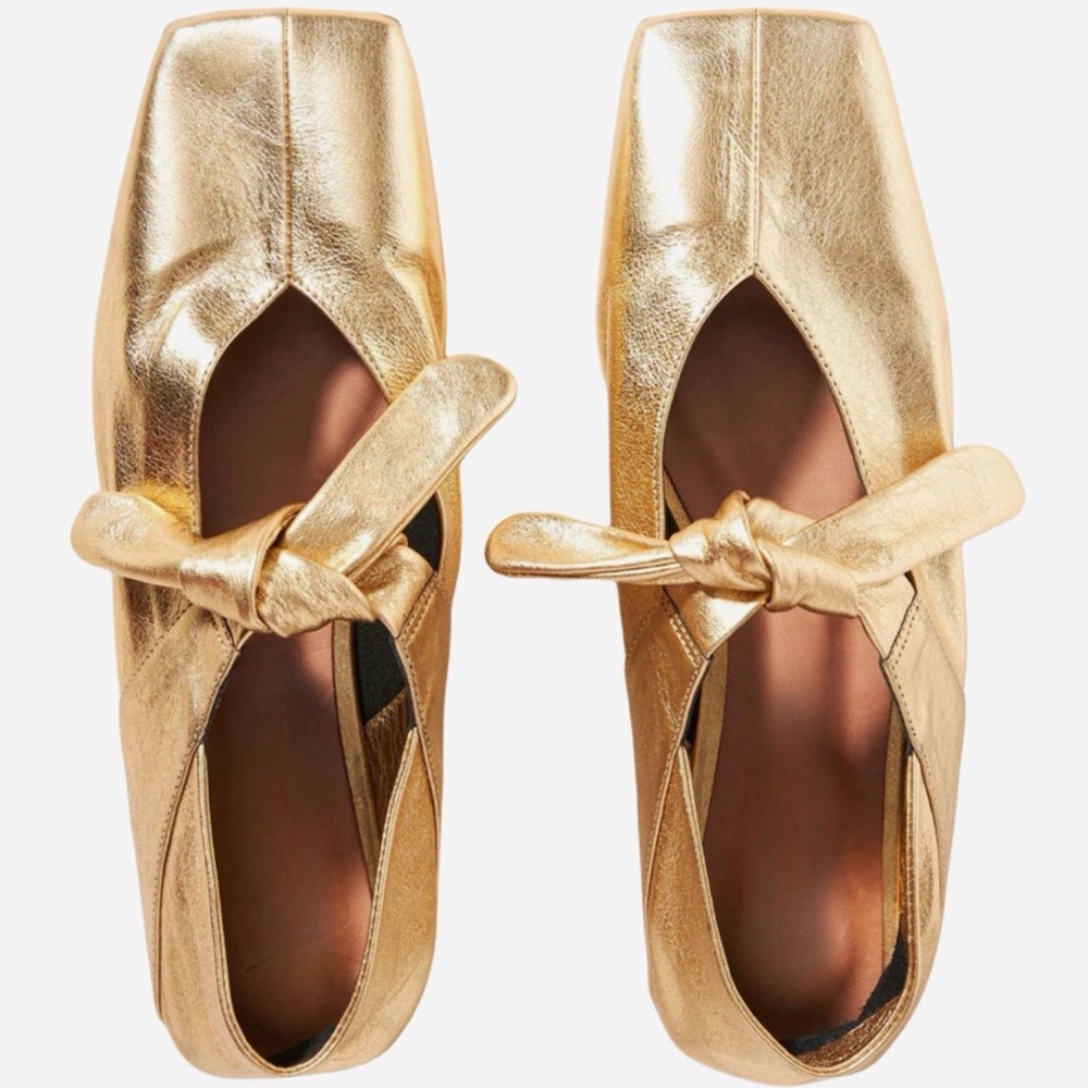Gold Ballet Flats Square Toe Metallic Knotted Detail Flat Shoes size 9 - Picture 2 of 9